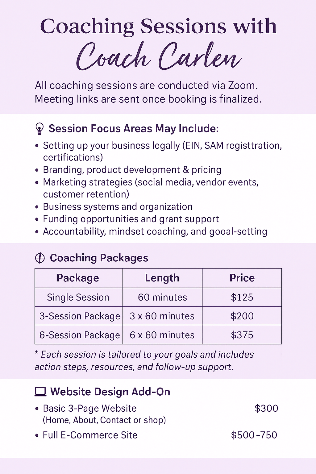 Flyer promoting CJ Essentials coaching sessions, featuring text about business growth, purpose-driven guidance, and website creation, with a clean, professional design.