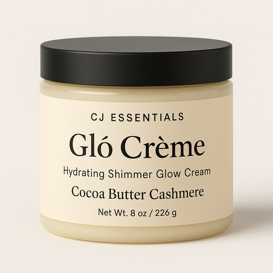 A jar of CJ Essentials Glō Crème with a smooth, creamy texture, shown in an open container beside glowing skin and gold-accented packaging.