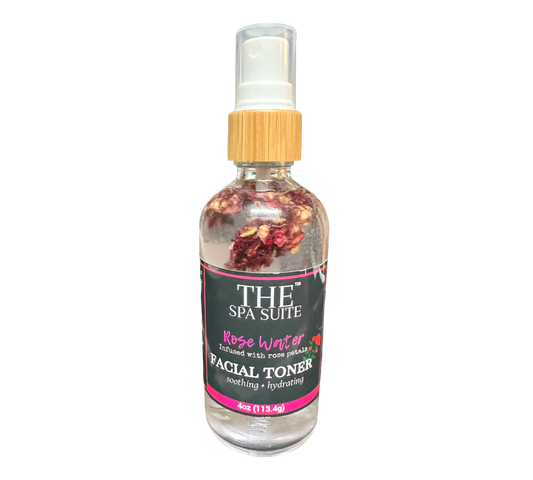 Rose Water Facial Toner image - CJ Essentials Rose Water Toner in a clear spray bottle with a soft pink label, designed to hydrate, soothe, and refresh the skin naturally.
